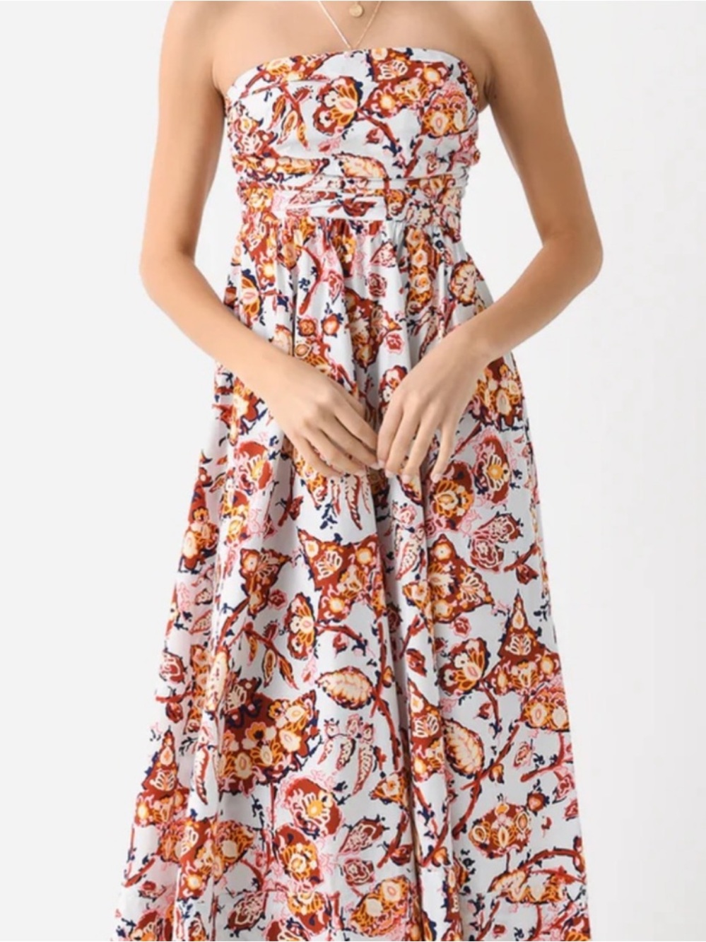 A.L.C. Strapless Floral Midi Dress in White and Rust